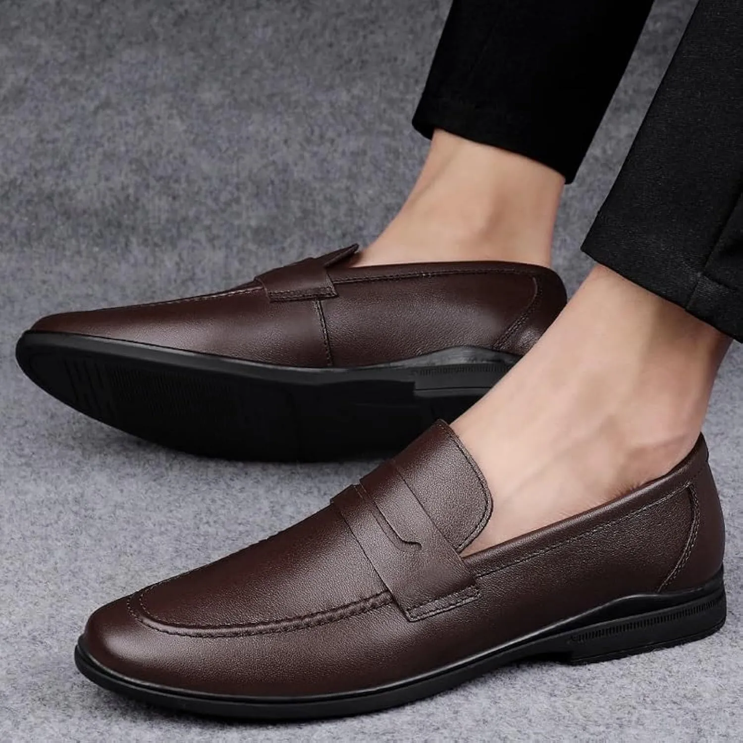 Men's Dress Oxford Slip-On Shoes, Apron Toe, Black Cowhide, Burnished Round Toe, Anti-Slip Rubber Block Heel, Comfortable Walking
