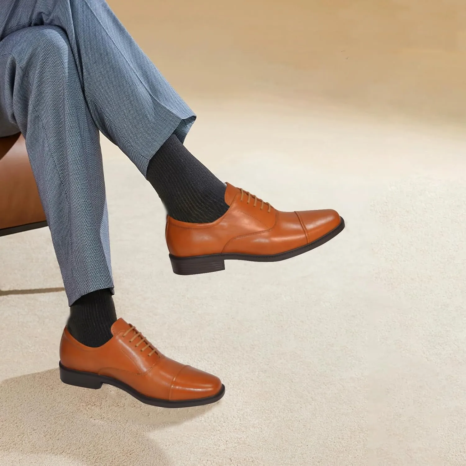 Mens Genuine Leather Dress Shoes Square Toe Formal Business Office Work Lightweight Comfortable Lace-up Oxford Shoes