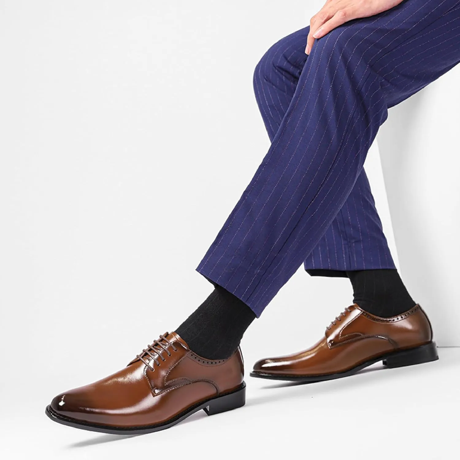 Men's Genuine Leather Formal Oxfords Classic Lace-up Comfortable Pointed Toe Derbys Dress Shoes for Wedding Office Business Leather Shoes