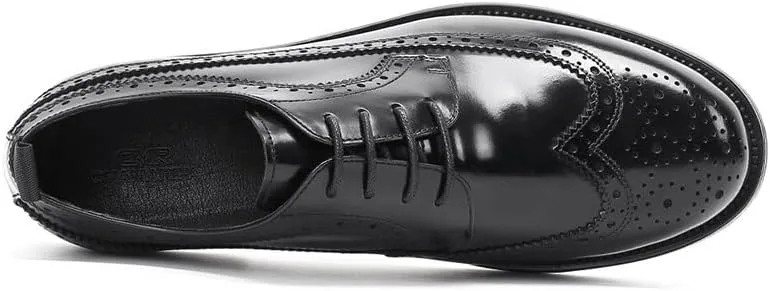 Men's Genuine Leather Hand Stitched Dress Oxfords Inner Height-Enhancing Carving Brogue Tuxedo Shoes Comfortable Casual Walking Shoes