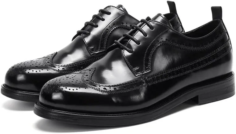 Men's Genuine Leather Hand Stitched Dress Oxfords Inner Height-Enhancing Carving Brogue Tuxedo Shoes Comfortable Casual Walking Shoes