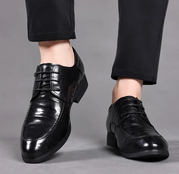 Men's Genuine Leather Oxford Shoes - Retro Pointed Toe Derby Shoes with Chunky Heel for Business and Formal Wear