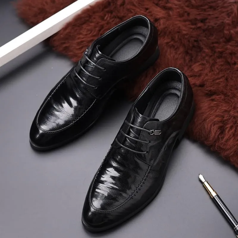 Men's Genuine Leather Oxford Shoes - Retro Pointed Toe Derby Shoes with Chunky Heel for Business and Formal Wear