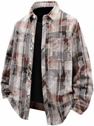 Men's Graceful Printed Plaid Lapel Shirts Casual Long Sleeve Button Tops with Pockets Walking Picnic Vacation