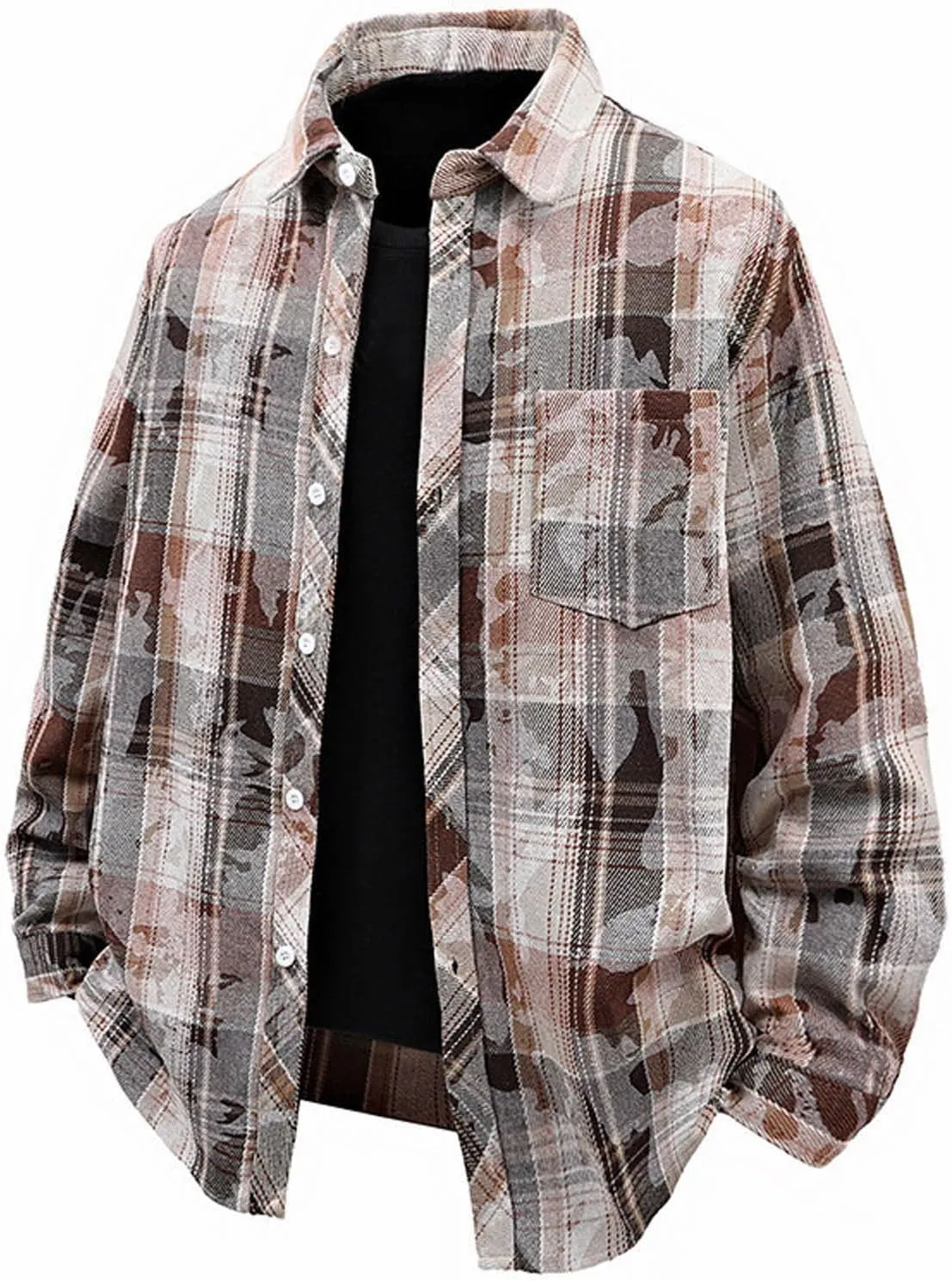 Men's Graceful Printed Plaid Lapel Shirts Casual Long Sleeve Button Tops with Pockets Walking Picnic Vacation