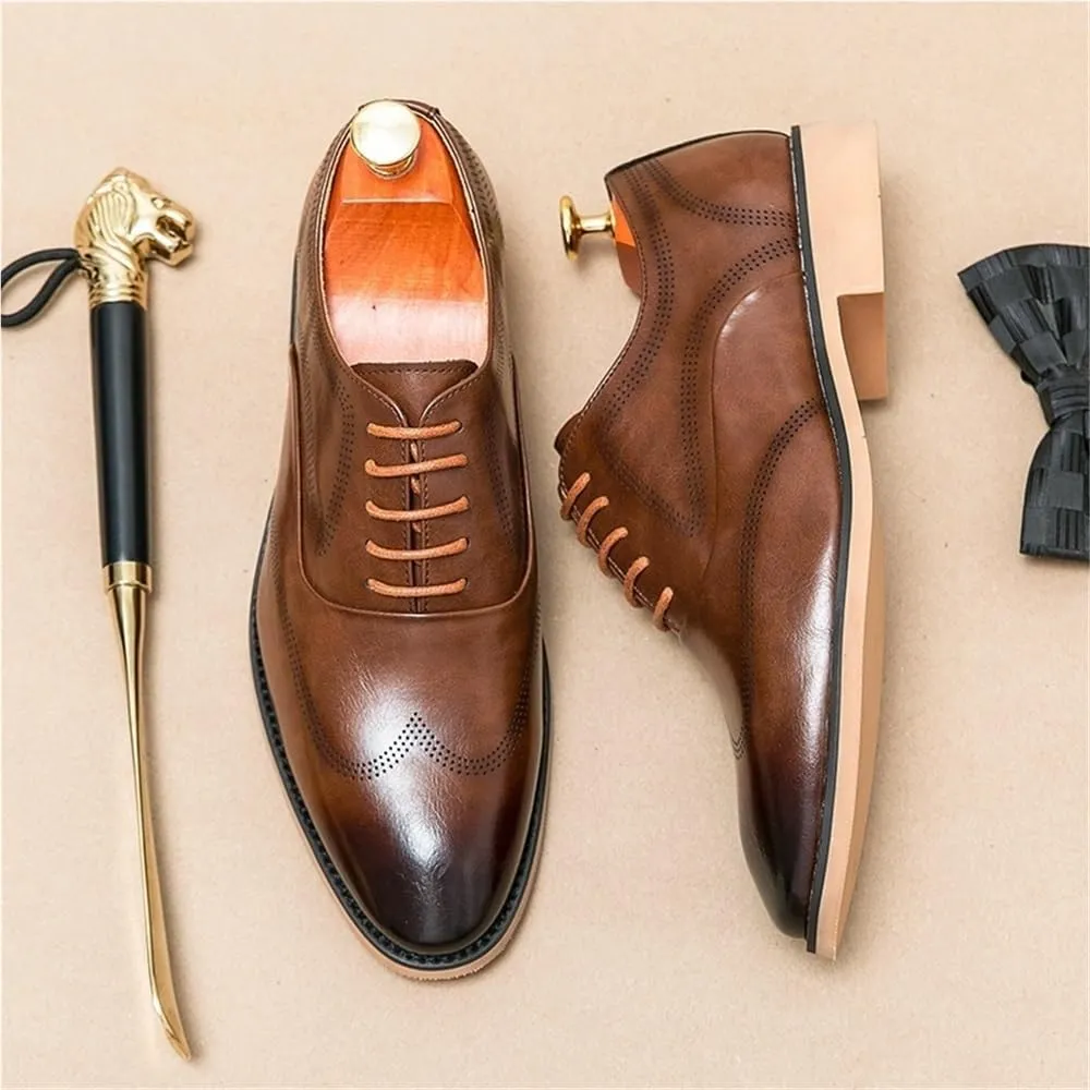 Men's Italian Oxford Dress Shoes Brogue Split Leather Pointed Toe Groom Wedding Versatile Brown