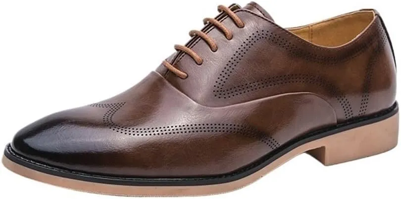 Men's Italian Oxford Dress Shoes Brogue Split Leather Pointed Toe Groom Wedding Versatile Brown