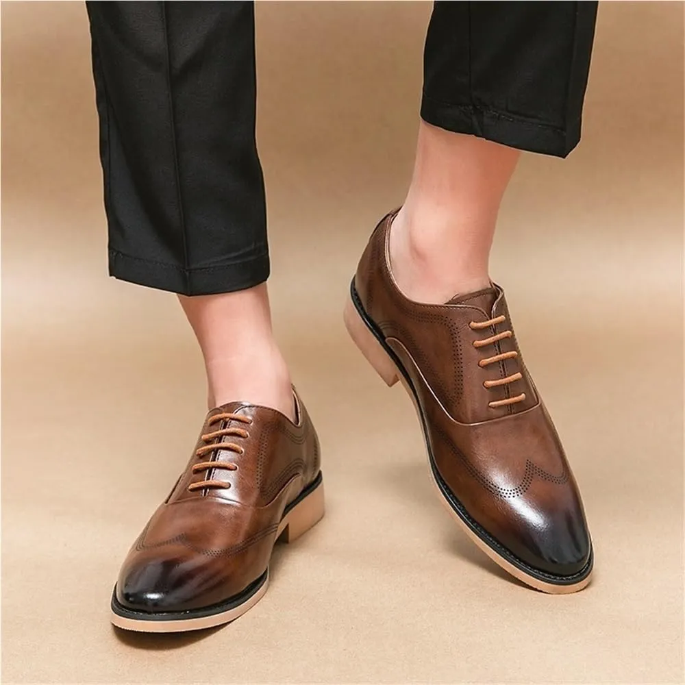 Men's Italian Oxford Dress Shoes Brogue Split Leather Pointed Toe Groom Wedding Versatile Brown