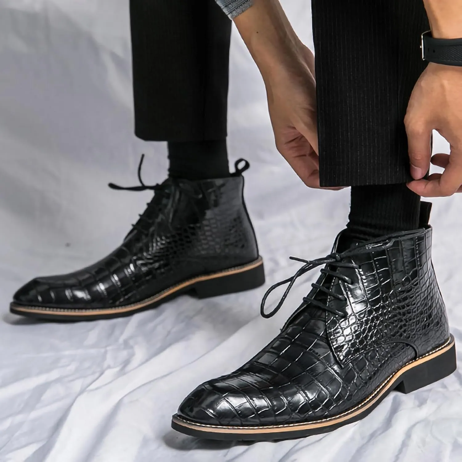 Men's Lace Up Oxford Dress Boots PU Leather Crocodile Pattern Chukka Ankle Boots