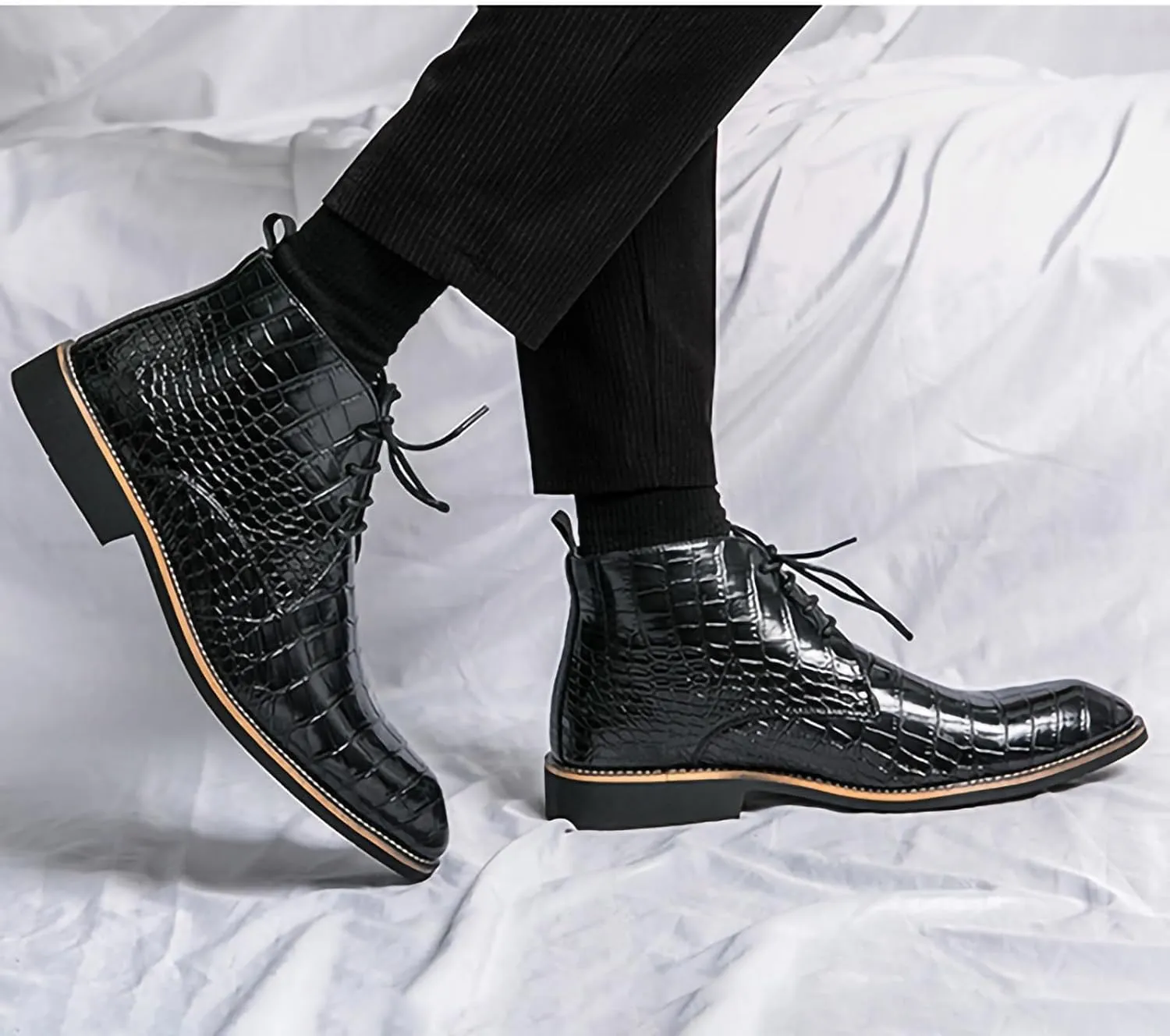 Men's Lace Up Oxford Dress Boots PU Leather Crocodile Pattern Chukka Ankle Boots