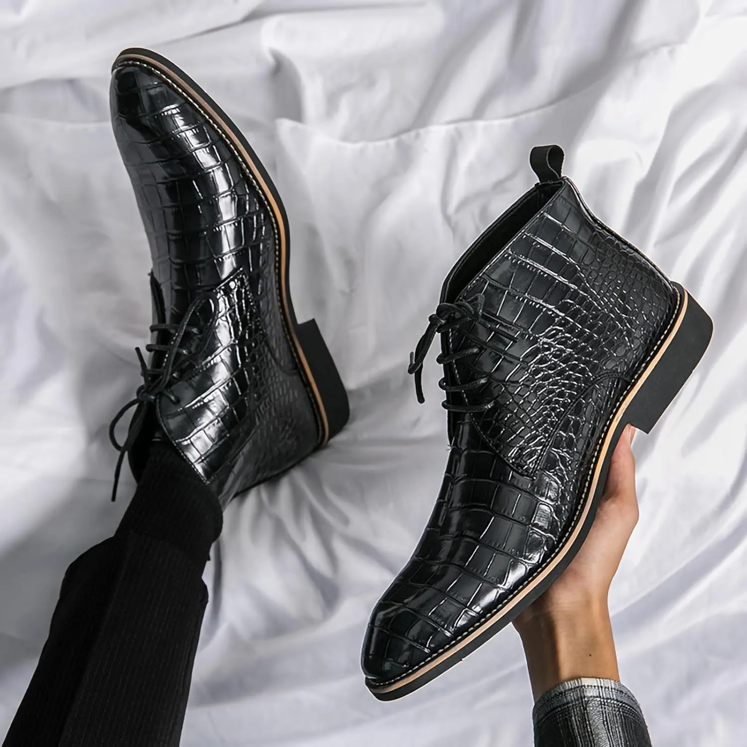 Men's Lace Up Oxford Dress Boots PU Leather Crocodile Pattern Chukka Ankle Boots