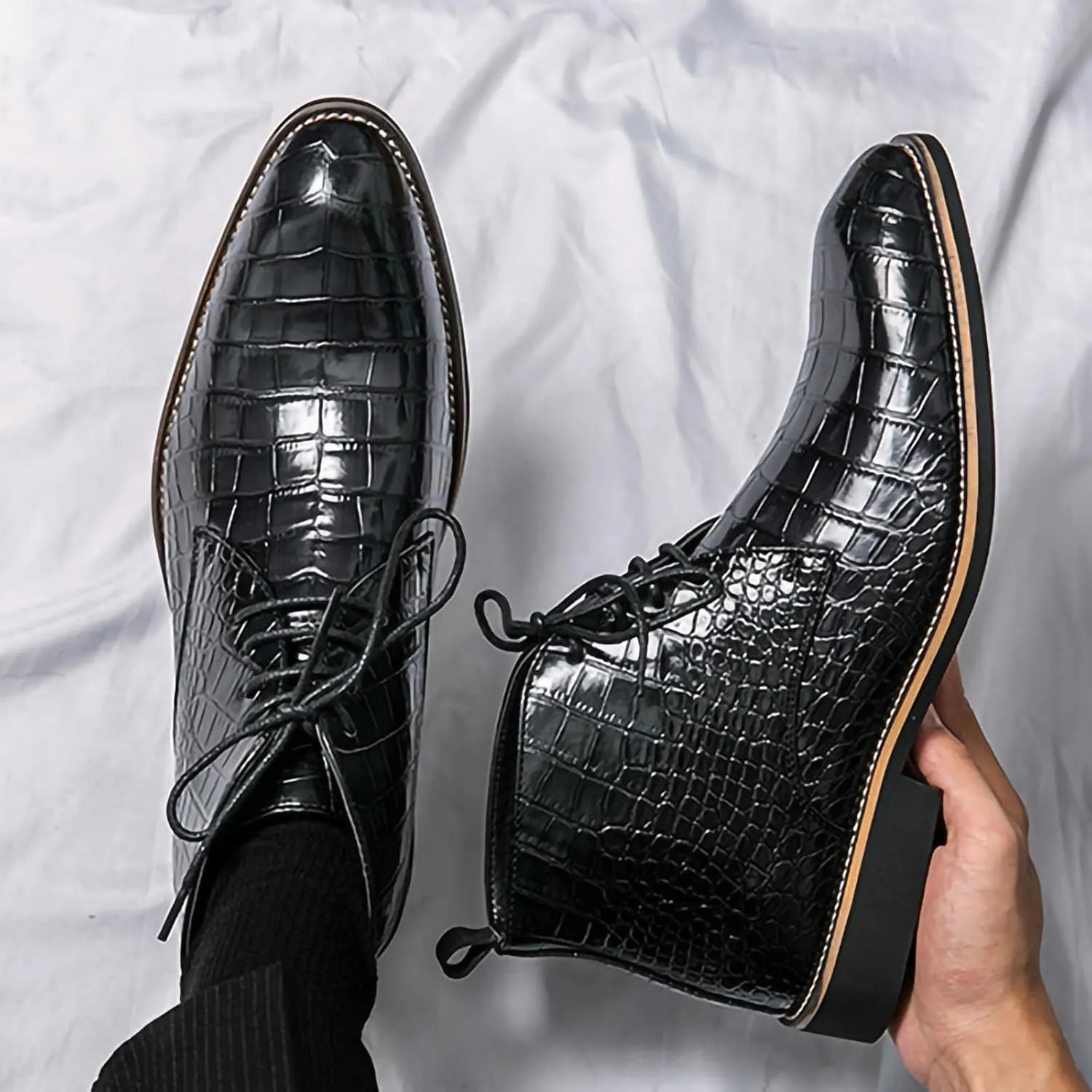 Men's Lace Up Oxford Dress Boots PU Leather Crocodile Pattern Chukka Ankle Boots