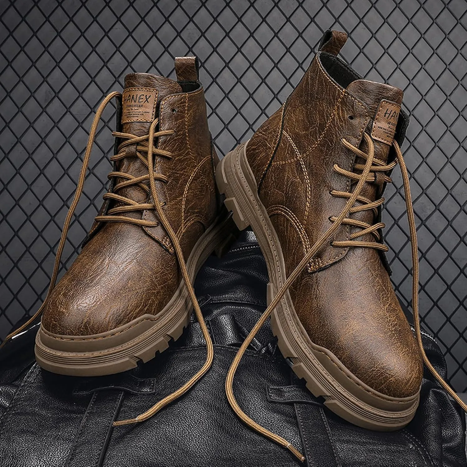 Men's Leather Lace Up Motorcycle Combat Boots Retro Round Toe lug sole Chukka Ankle Boots Casual Waterproof Oxford Dress Work Boot