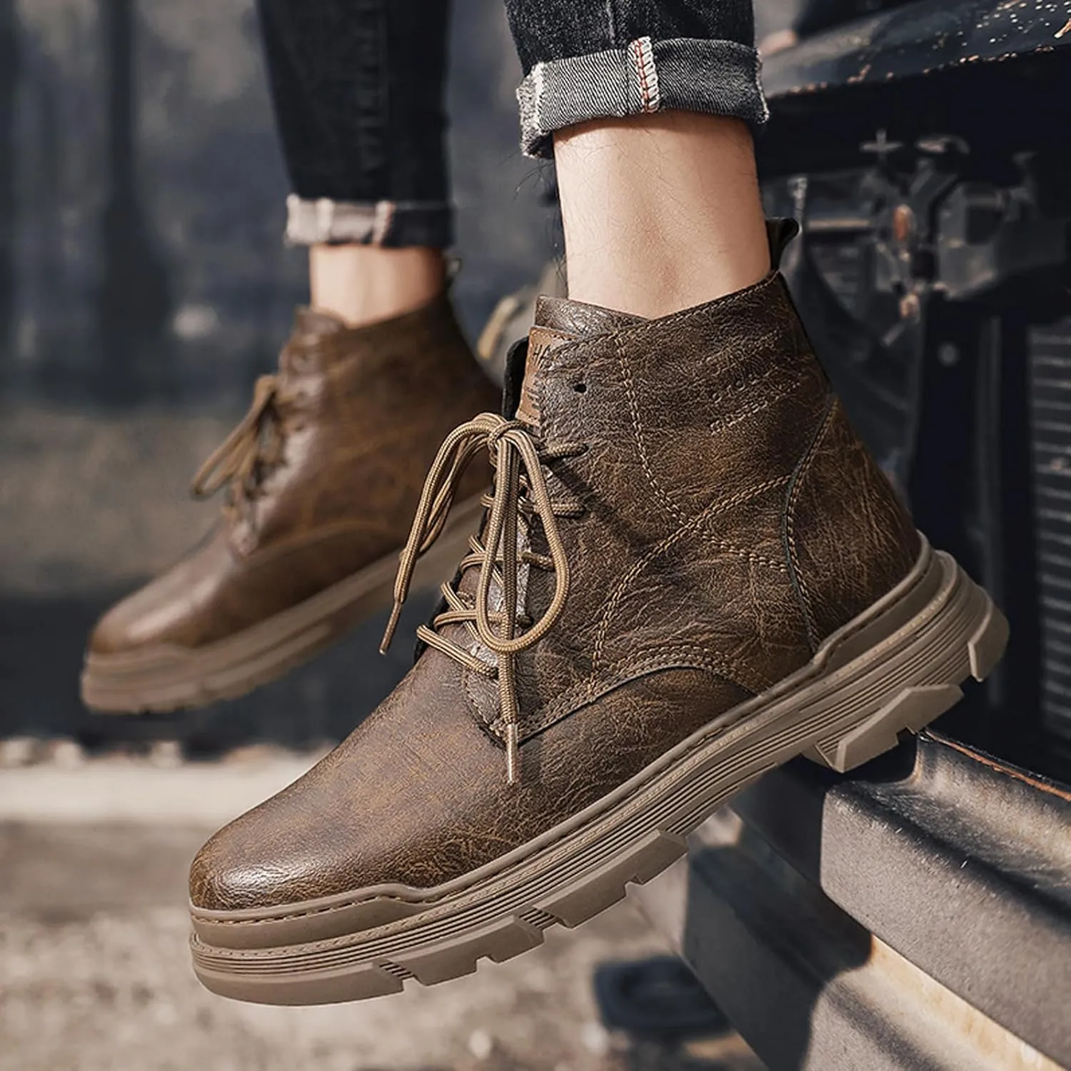 Men's Leather Lace Up Motorcycle Combat Boots Retro Round Toe lug sole Chukka Ankle Boots Casual Waterproof Oxford Dress Work Boot