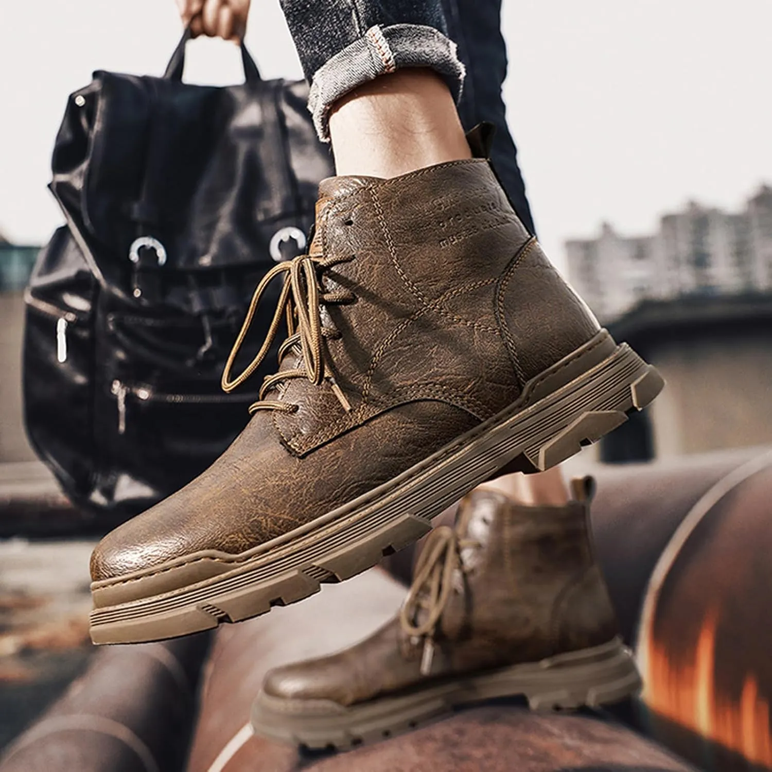 Men's Leather Lace Up Motorcycle Combat Boots Retro Round Toe lug sole Chukka Ankle Boots Casual Waterproof Oxford Dress Work Boot