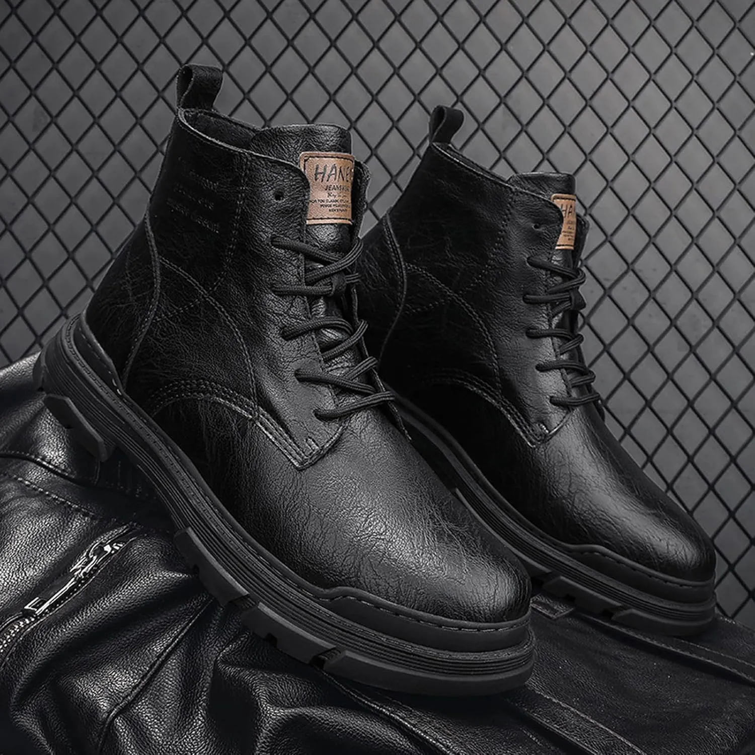 Men's Leather Lace Up Motorcycle Combat Boots Retro Round Toe lug sole Chukka Ankle Boots Casual Waterproof Oxford Dress Work Boot