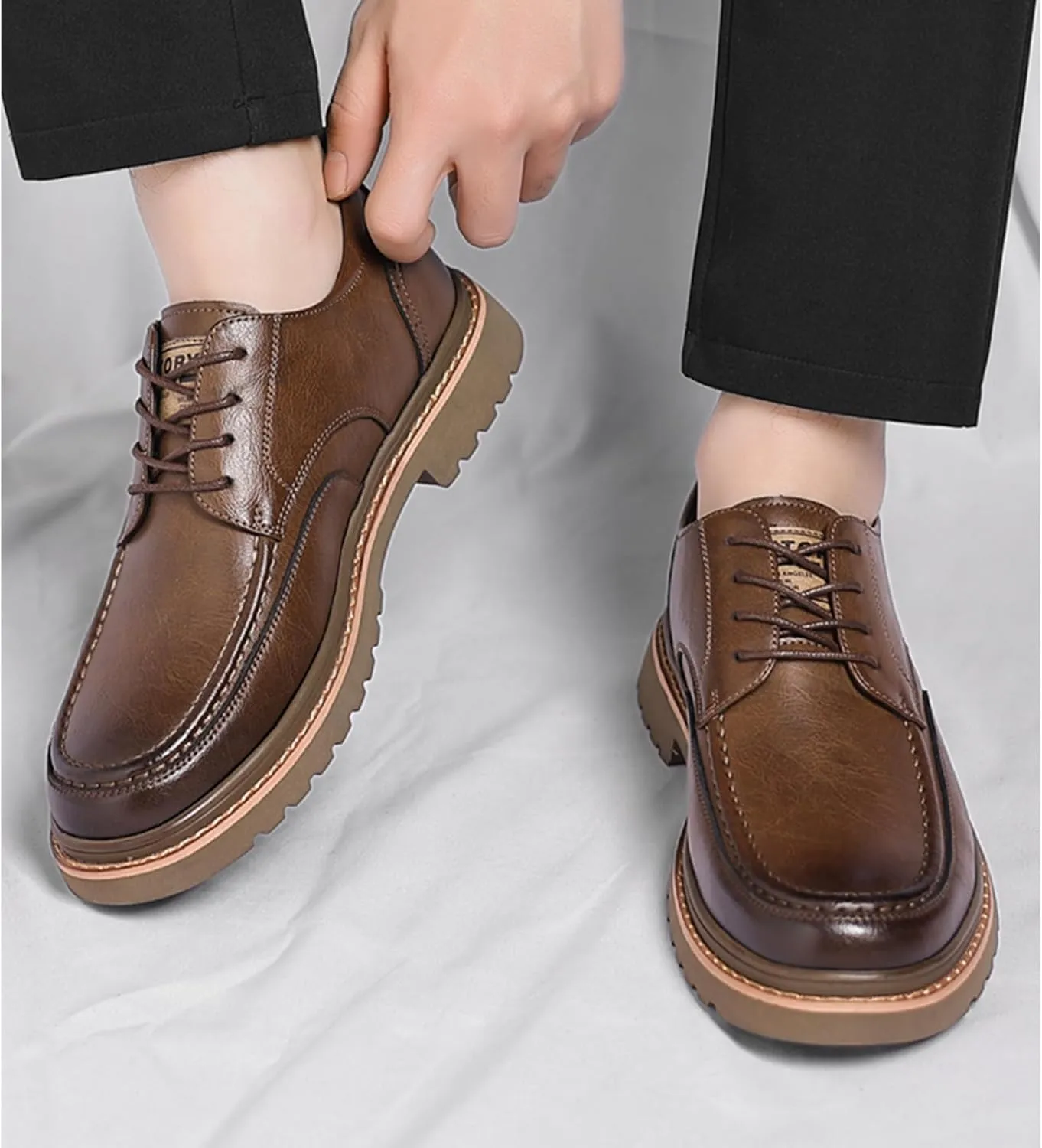 Men's Leather Lace Up Platform Oxfords Comfortable Round Toe Hand-Sewn Soft Non-Slip Dress Shoes Business Work Formal Derby Shoes