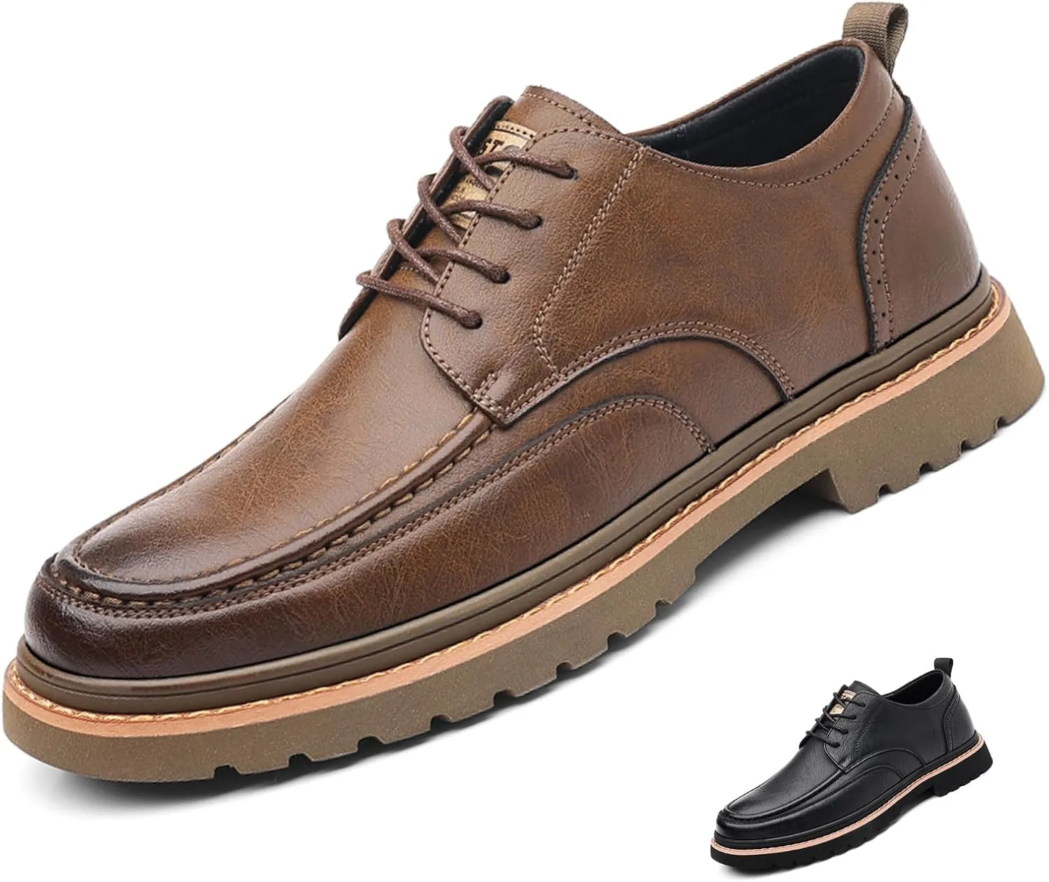 Men's Leather Lace Up Platform Oxfords Comfortable Round Toe Hand-Sewn Soft Non-Slip Dress Shoes Business Work Formal Derby Shoes