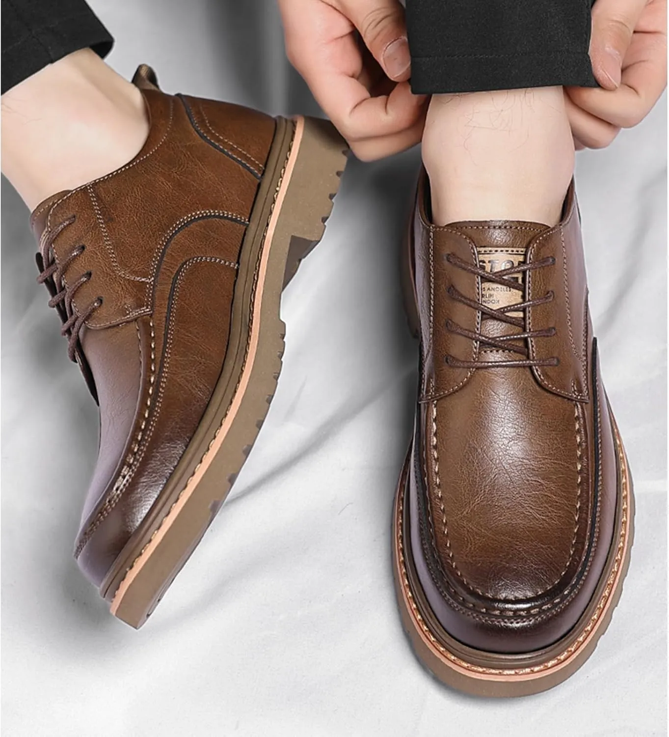 Men's Leather Lace Up Platform Oxfords Comfortable Round Toe Hand-Sewn Soft Non-Slip Dress Shoes Business Work Formal Derby Shoes