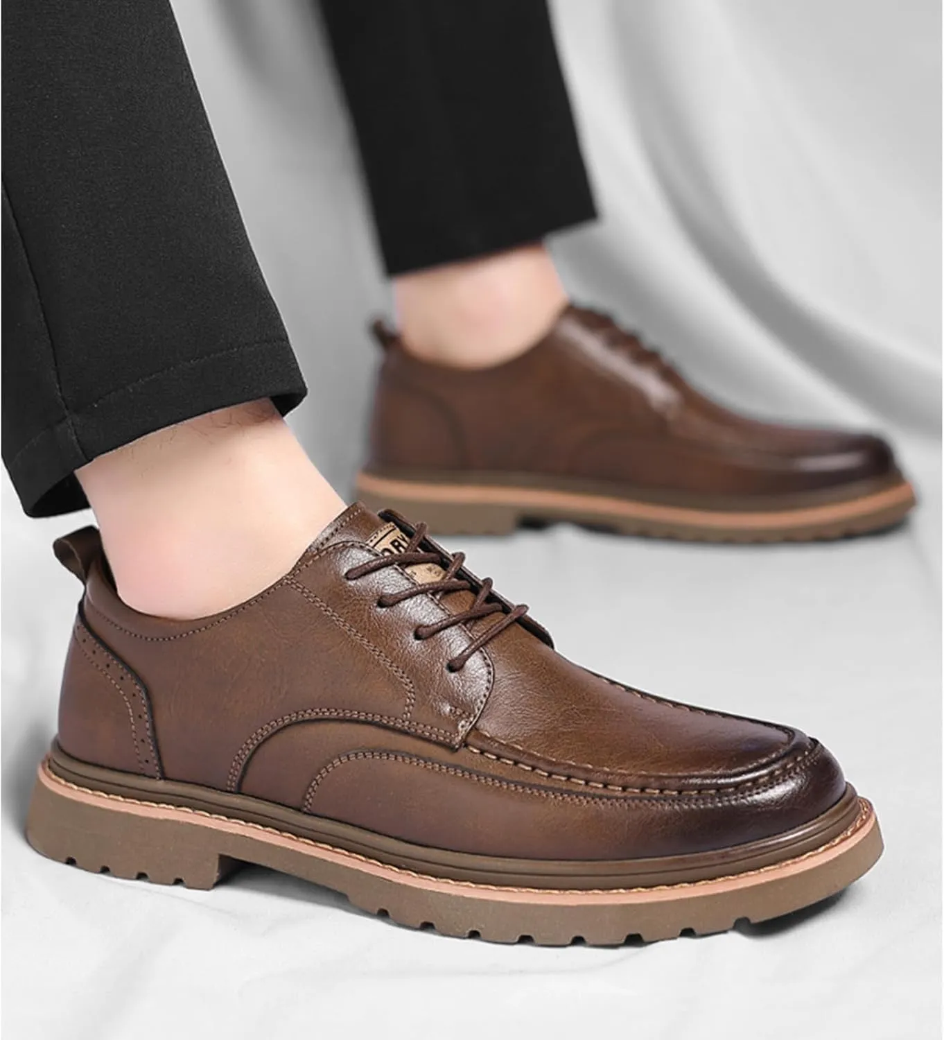Men's Leather Lace Up Platform Oxfords Comfortable Round Toe Hand-Sewn Soft Non-Slip Dress Shoes Business Work Formal Derby Shoes