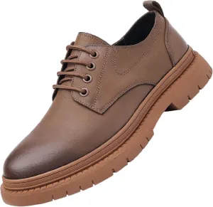 Men's Leather Lace Up Platform Oxfords Comfortable Round Toe Non-Slip Lug Sole Chunky Heel Casual Derbys Dress Shoes for Formal Business Office Leather Shoes