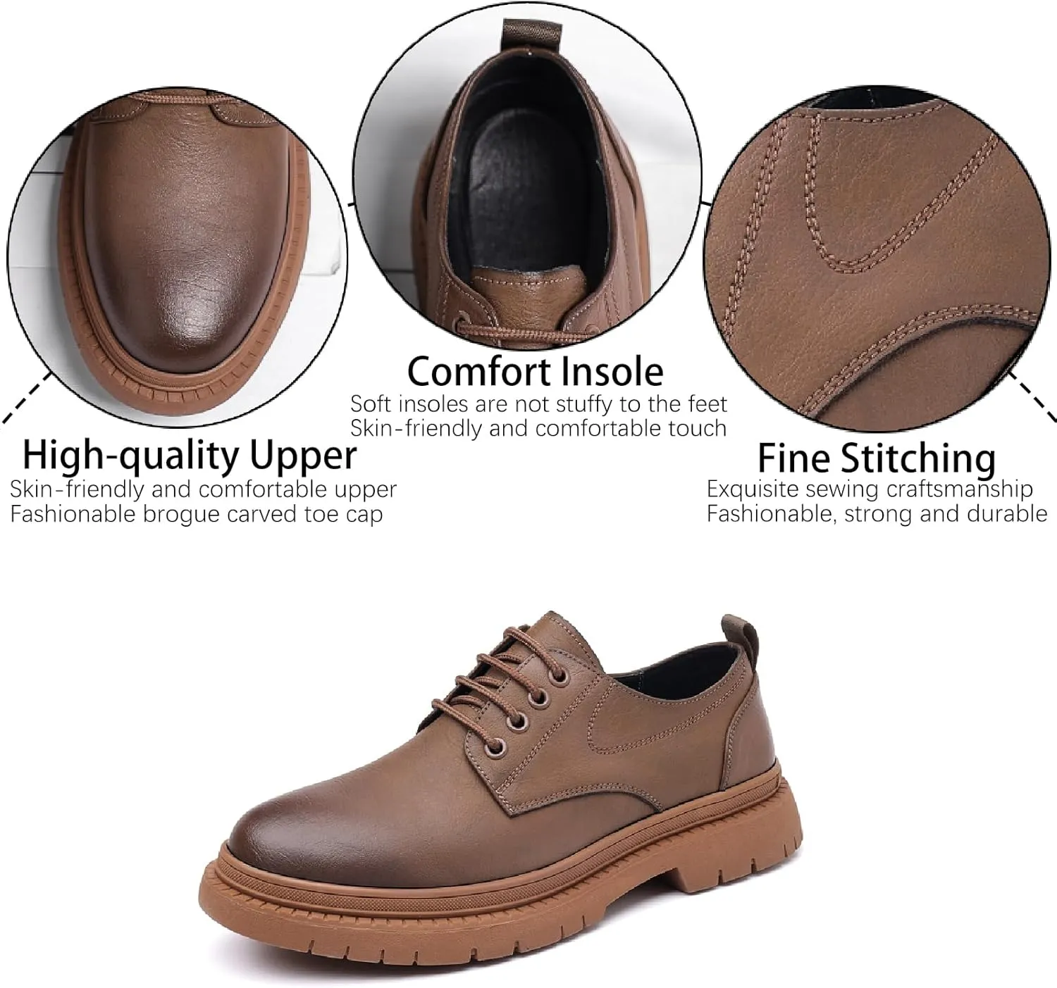 Men's Leather Lace Up Platform Oxfords Comfortable Round Toe Non-Slip Lug Sole Chunky Heel Casual Derbys Dress Shoes for Formal Business Office Leather Shoes