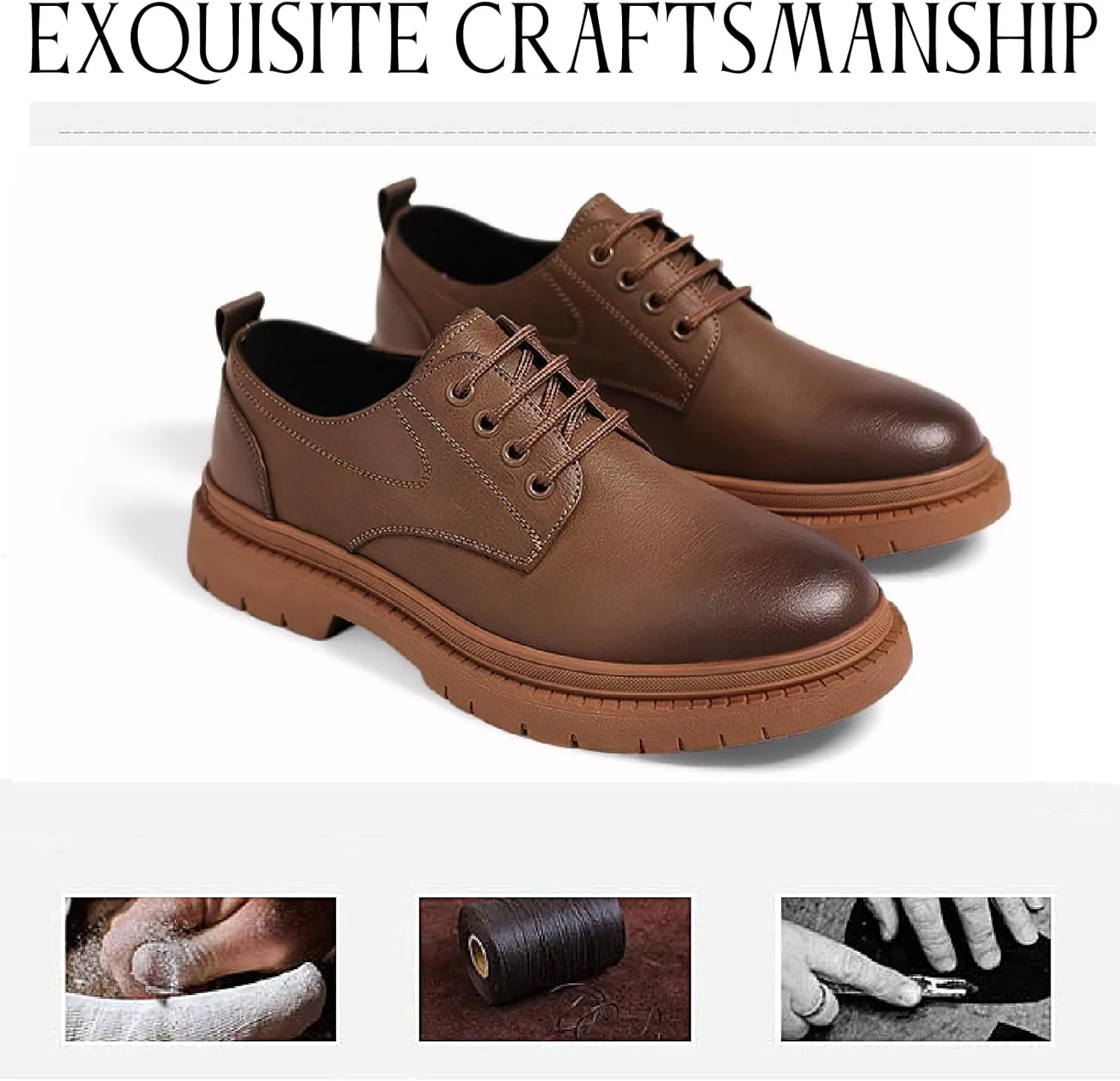 Men's Leather Lace Up Platform Oxfords Comfortable Round Toe Non-Slip Lug Sole Chunky Heel Casual Derbys Dress Shoes for Formal Business Office Leather Shoes