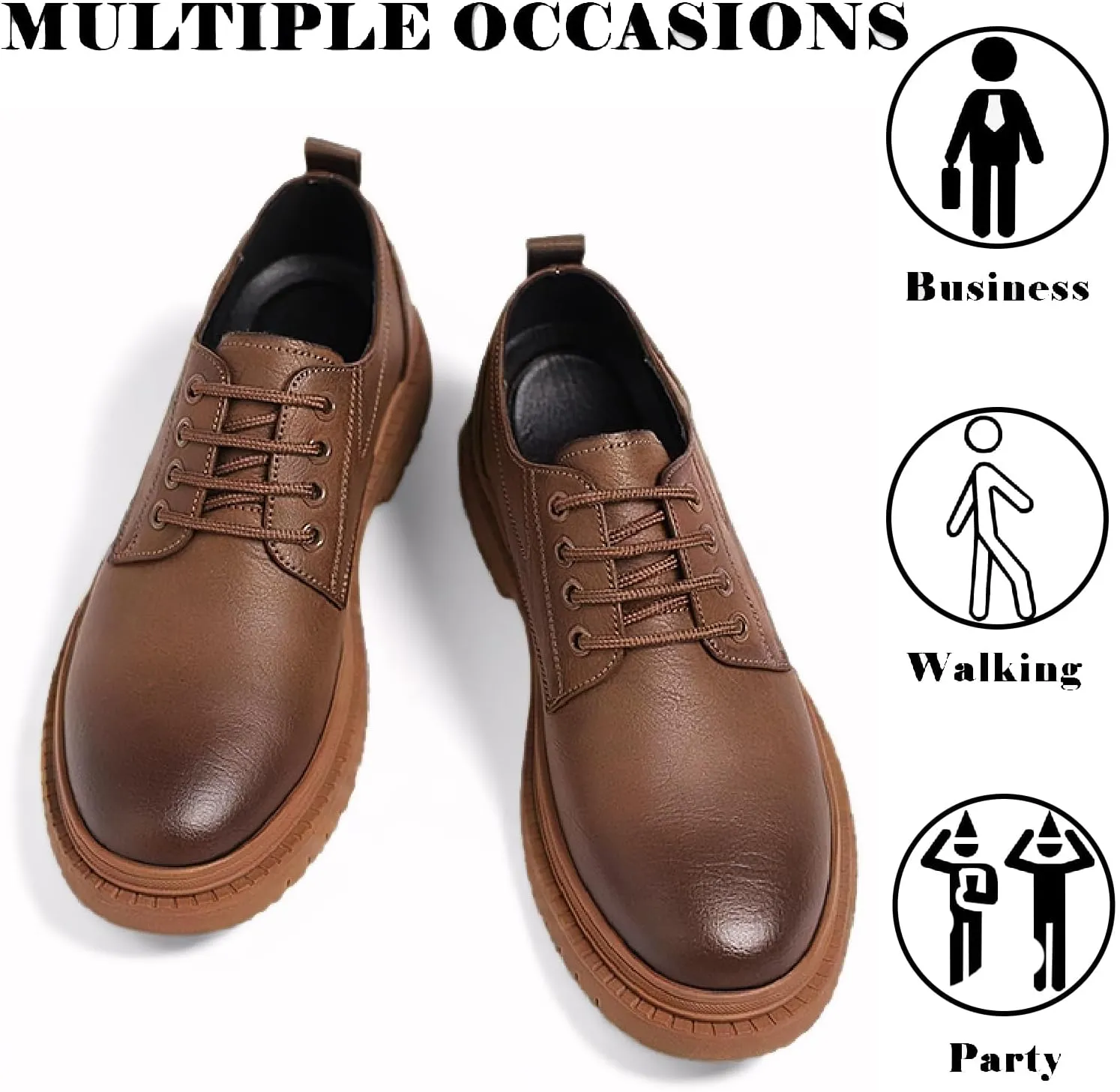 Men's Leather Lace Up Platform Oxfords Comfortable Round Toe Non-Slip Lug Sole Chunky Heel Casual Derbys Dress Shoes for Formal Business Office Leather Shoes