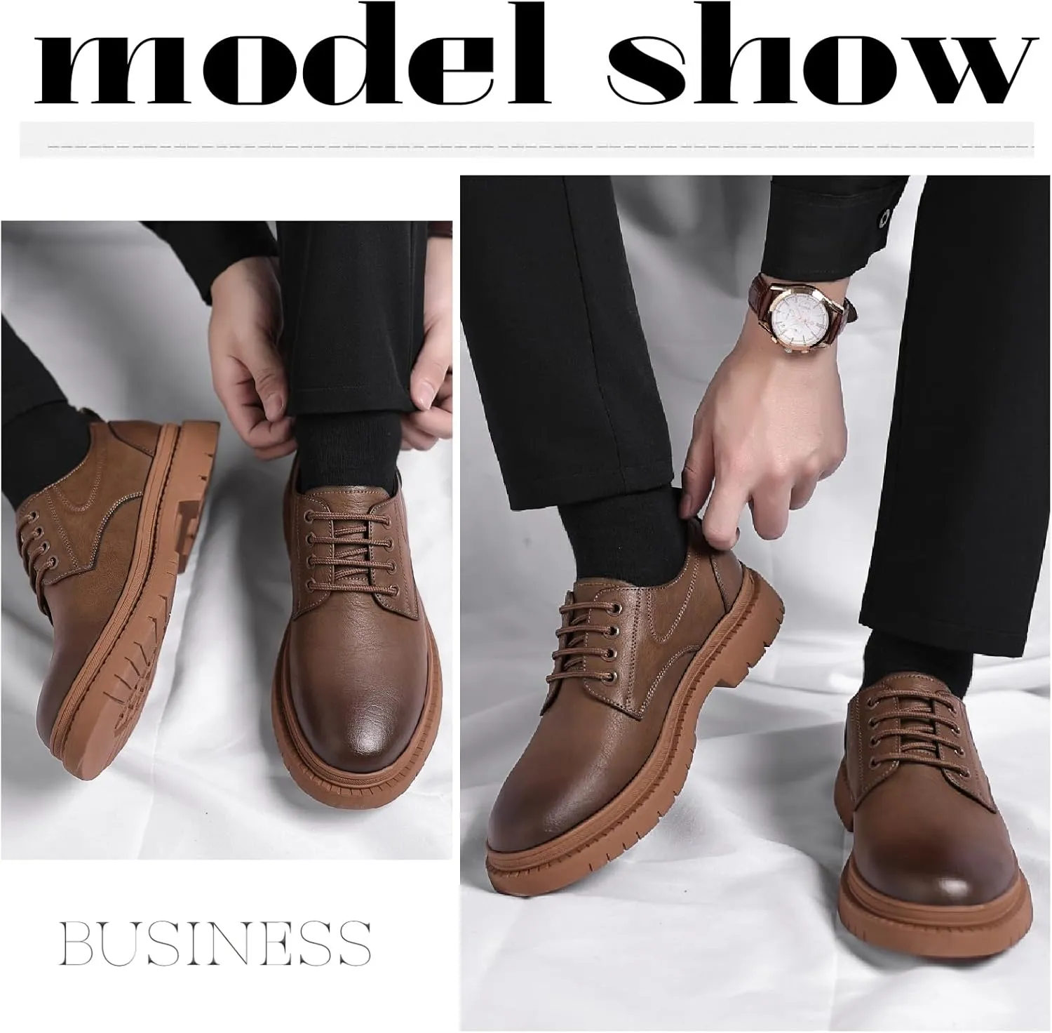 Men's Leather Lace Up Platform Oxfords Comfortable Round Toe Non-Slip Lug Sole Chunky Heel Casual Derbys Dress Shoes for Formal Business Office Leather Shoes