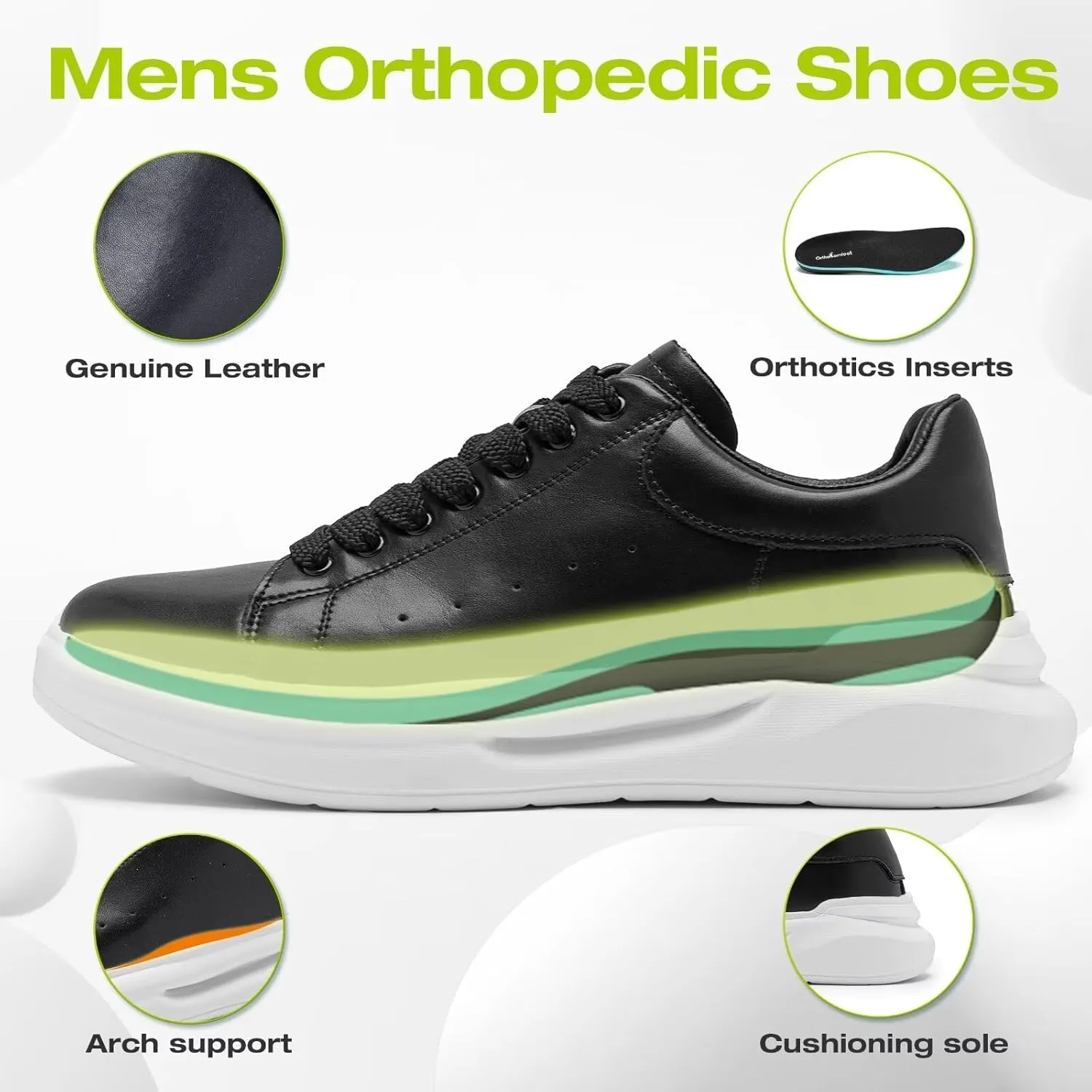 Men's Orthopedic Leather Dress Fashion Sneakers: Comfortable Arch Support Leather Oxfords for Plantar Fasciitis, Orthotic Flat Feet Casual Walking Shoes for Foot and Heel Pain Relief