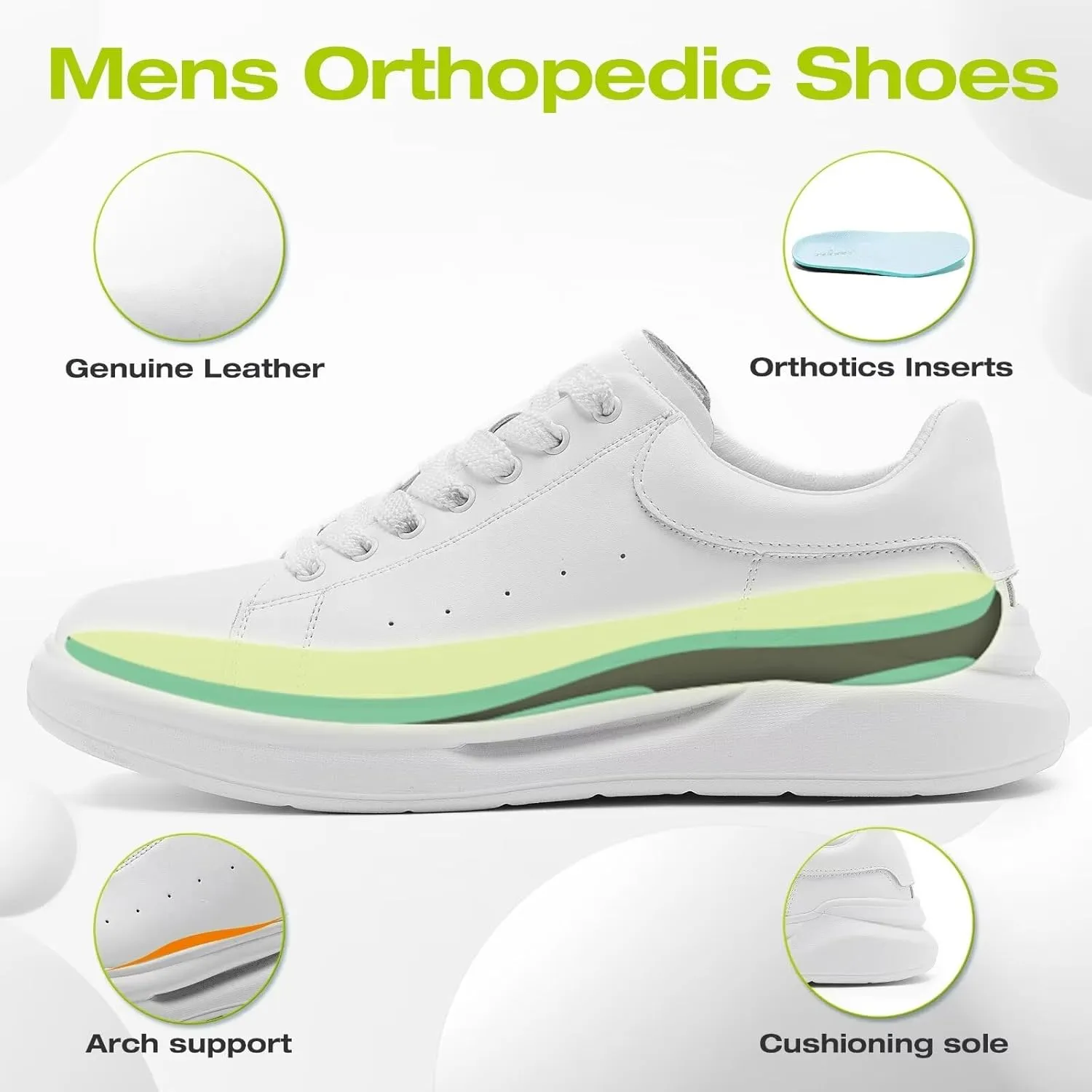 Men's Orthopedic Leather Dress Fashion Sneakers: Comfortable Arch Support Leather Oxfords for Plantar Fasciitis, Orthotic Flat Feet Casual Walking Shoes for Foot and Heel Pain Relief