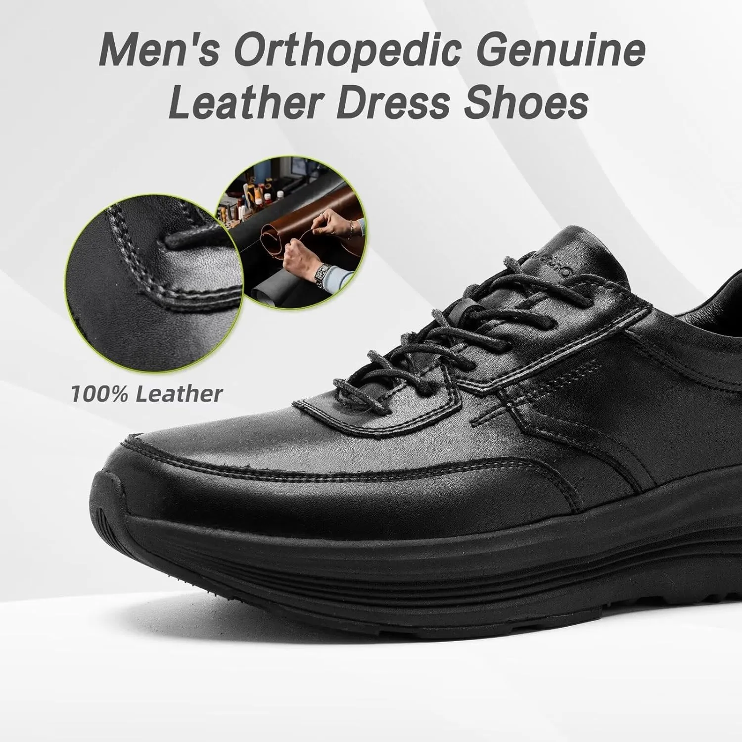 Men's Orthopedic Leather Dress Fashion Sneakers: Comfortable Plantar Fasciitis Business Walking Shoes with Arch Support, Orthotic Flat Feet Thick Sole Sneakers for Foot and Heel Pain Relief