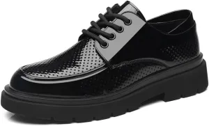 Mens Patent Leather Dress Shoes Black Glossy Oxford Shoes Casual Round Toe Shoes British Style Youth Fashion Shoes for Suit Trendy Business Formal Shoes Men(Hollow,7)
