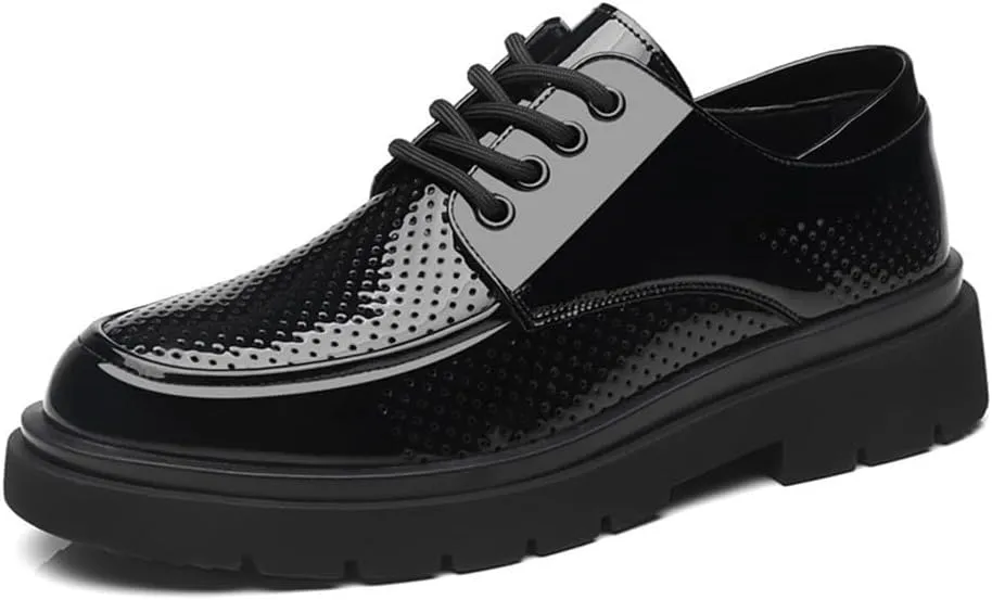 Mens Patent Leather Dress Shoes Black Glossy Oxford Shoes Casual Round Toe Shoes British Style Youth Fashion Shoes for Suit Trendy Business Formal Shoes Men(Hollow,7)