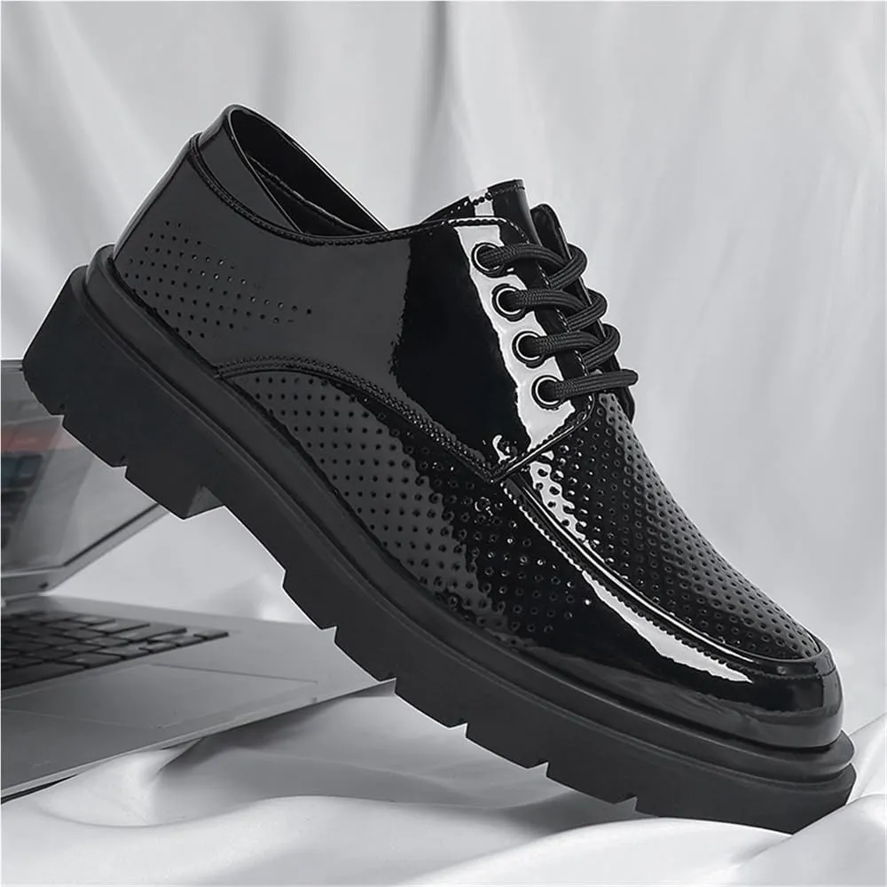 Mens Patent Leather Dress Shoes Black Glossy Oxford Shoes Casual Round Toe Shoes British Style Youth Fashion Shoes for Suit Trendy Business Formal Shoes Men(Hollow,7)