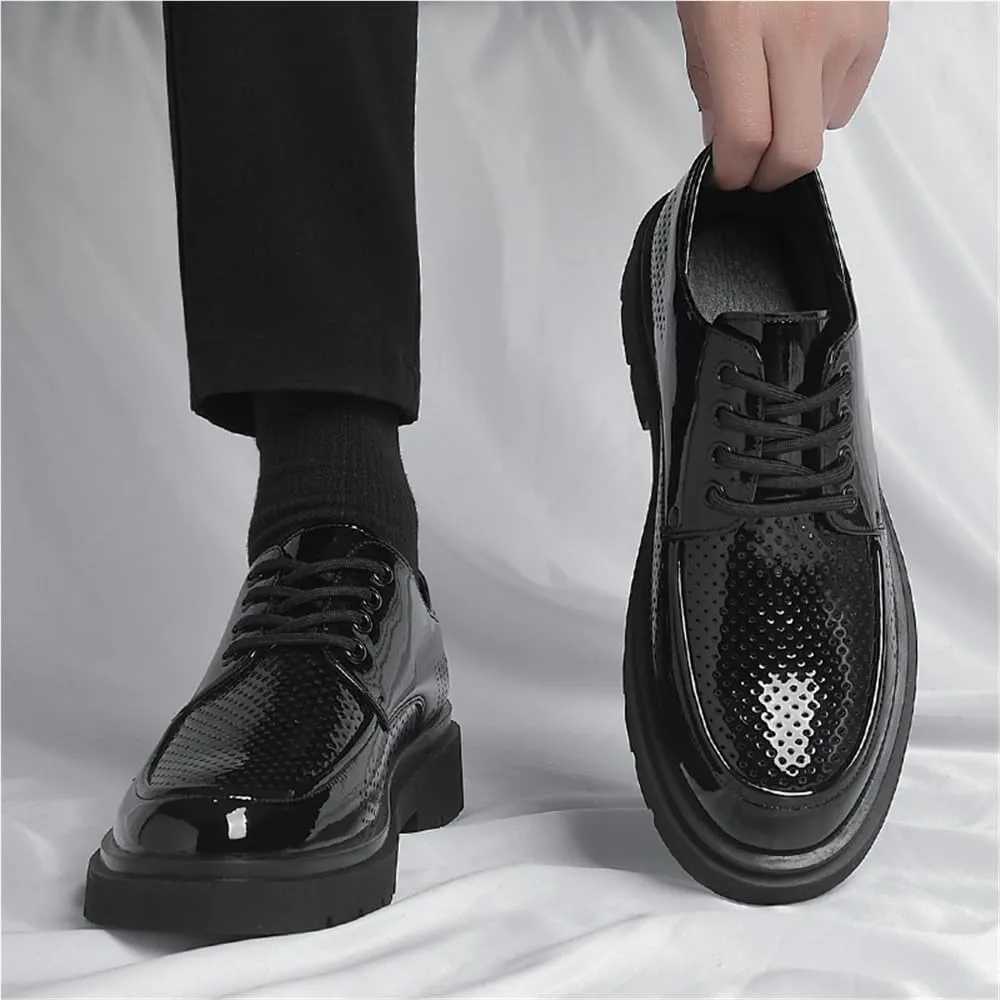 Mens Patent Leather Dress Shoes Black Glossy Oxford Shoes Casual Round Toe Shoes British Style Youth Fashion Shoes for Suit Trendy Business Formal Shoes Men(Hollow,7)