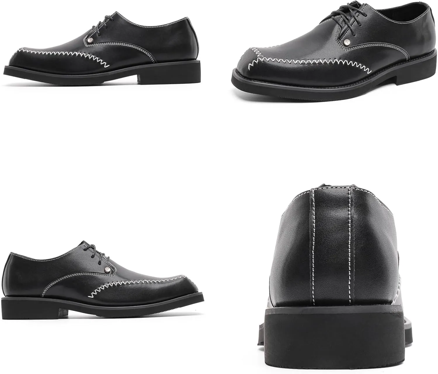 Men's Square Toe Leather Oxford Shoes Black with Contrast Stitching & Metallic Rivets - Classic Dress Shoes for Business Professional Formal Wedding & Casual Wear