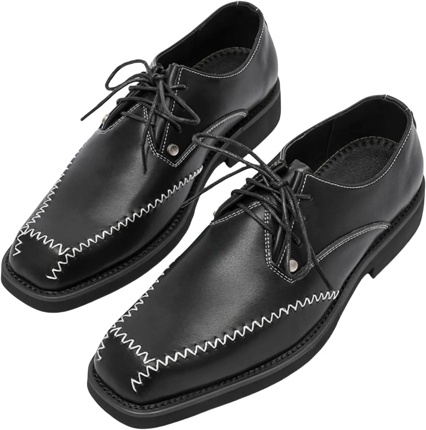 Men's Square Toe Leather Oxford Shoes Black with Contrast Stitching & Metallic Rivets - Classic Dress Shoes for Business Professional Formal Wedding & Casual Wear