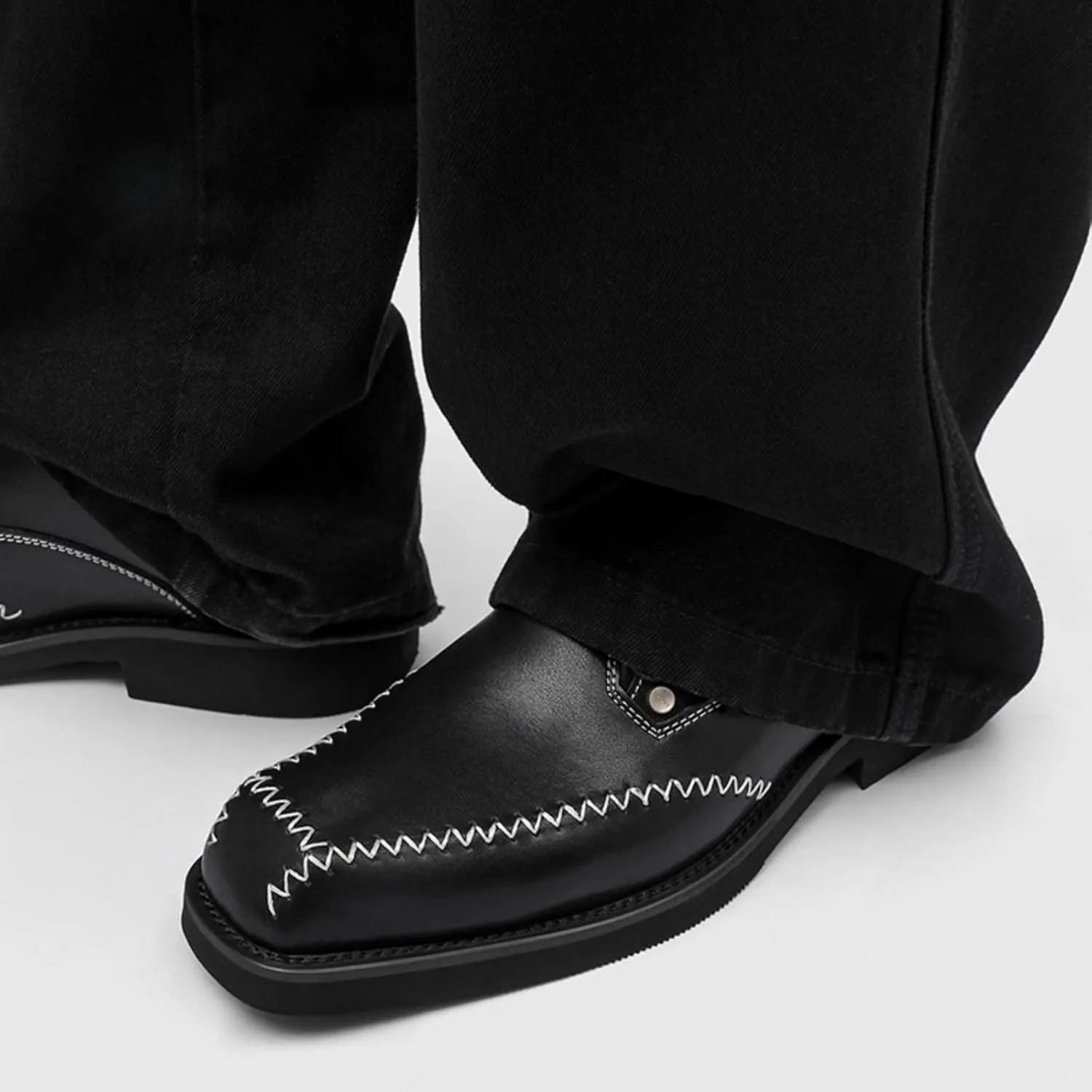 Men's Square Toe Leather Oxford Shoes Black with Contrast Stitching & Metallic Rivets - Classic Dress Shoes for Business Professional Formal Wedding & Casual Wear