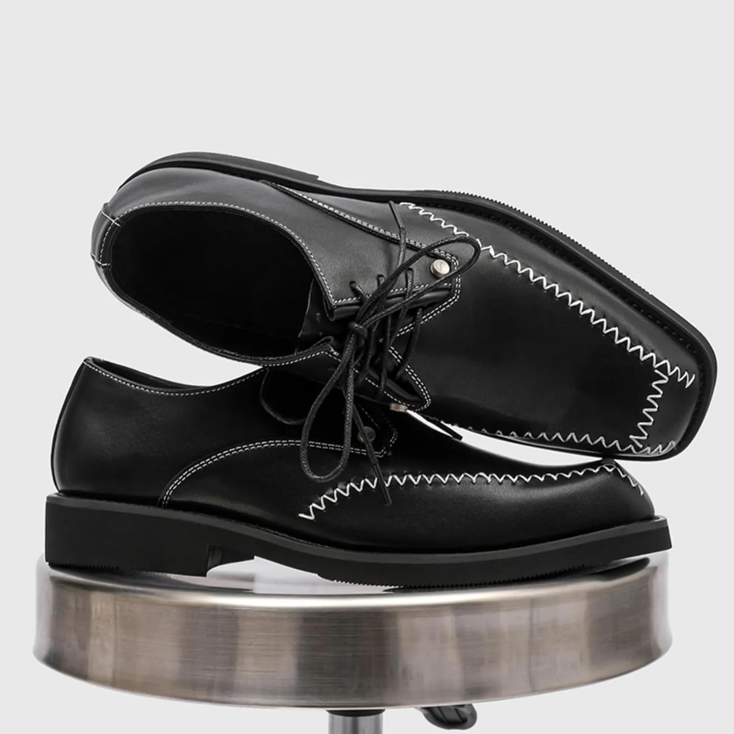 Men's Square Toe Leather Oxford Shoes Black with Contrast Stitching & Metallic Rivets - Classic Dress Shoes for Business Professional Formal Wedding & Casual Wear