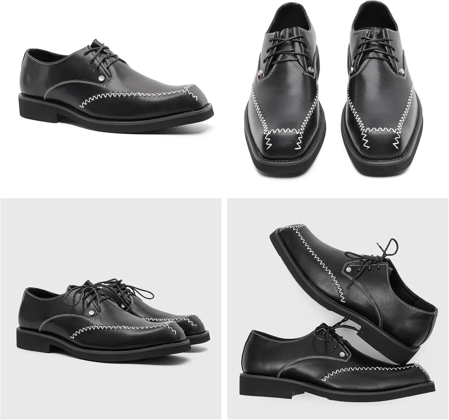 Men's Square Toe Leather Oxford Shoes Black with Contrast Stitching & Metallic Rivets - Classic Dress Shoes for Business Professional Formal Wedding & Casual Wear