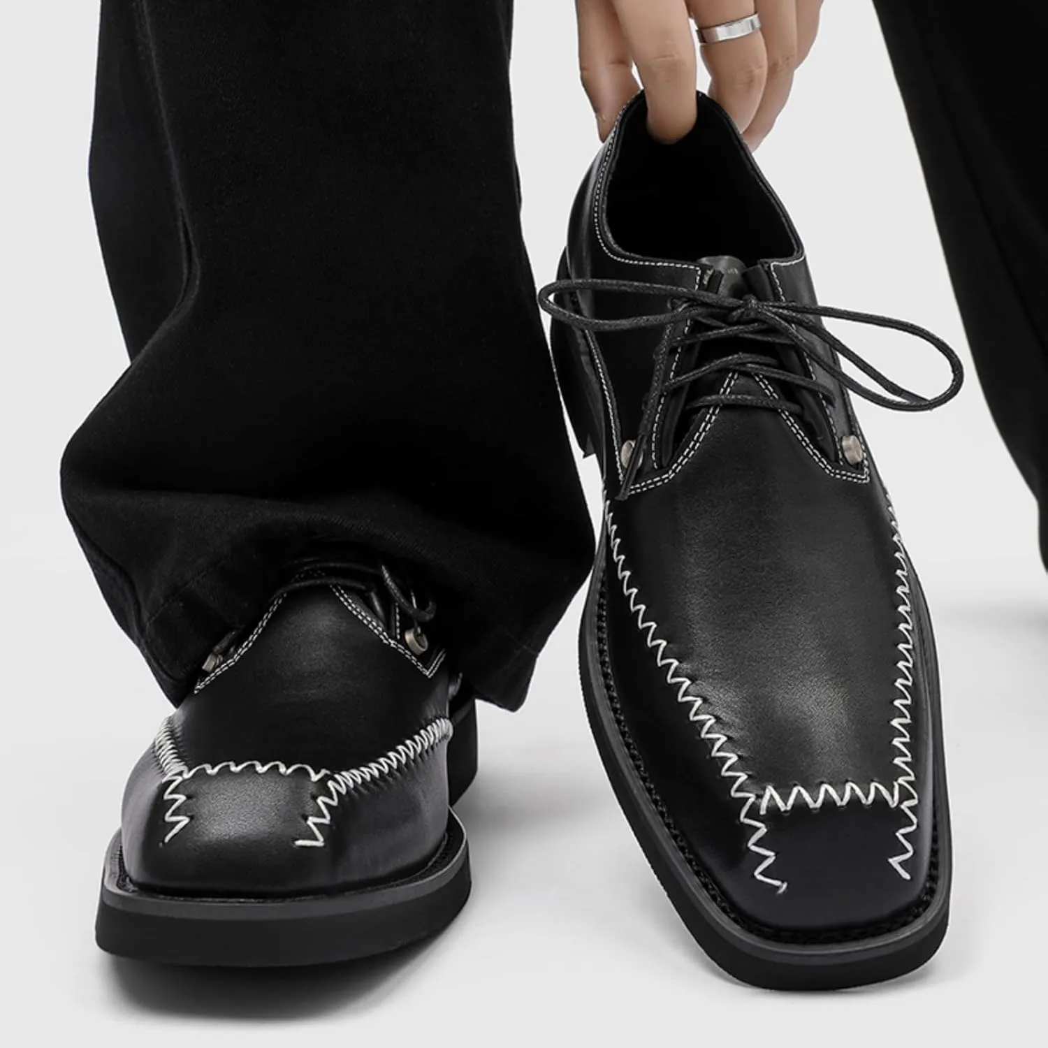 Men's Square Toe Leather Oxford Shoes Black with Contrast Stitching & Metallic Rivets - Classic Dress Shoes for Business Professional Formal Wedding & Casual Wear
