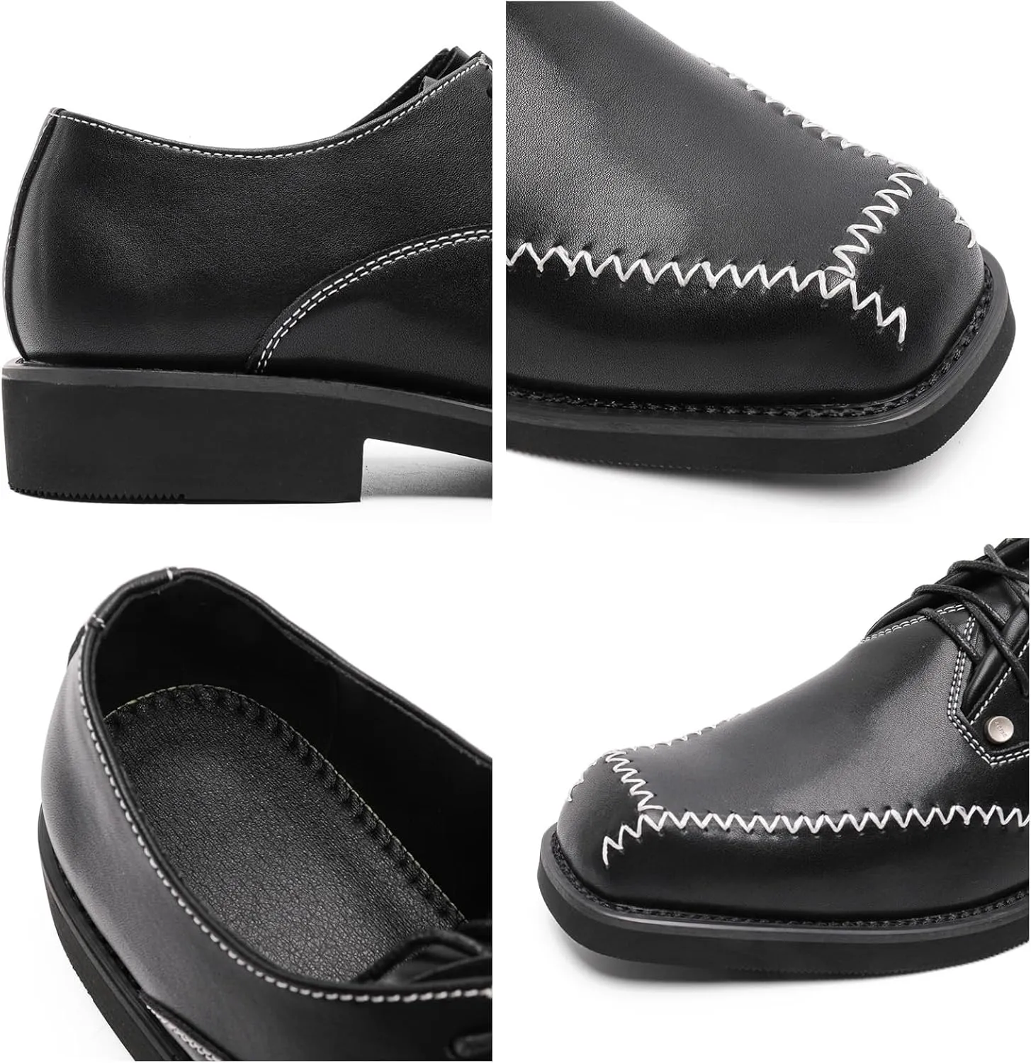 Men's Square Toe Leather Oxford Shoes Black with Contrast Stitching & Metallic Rivets - Classic Dress Shoes for Business Professional Formal Wedding & Casual Wear