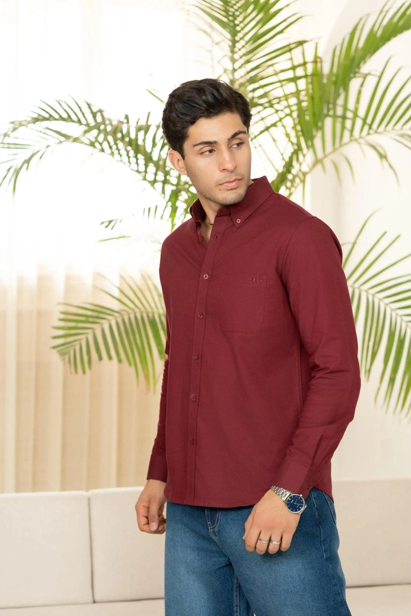 Minus One Men’s Maroon Oxford Organic Cotton Shirt – Regular Fit