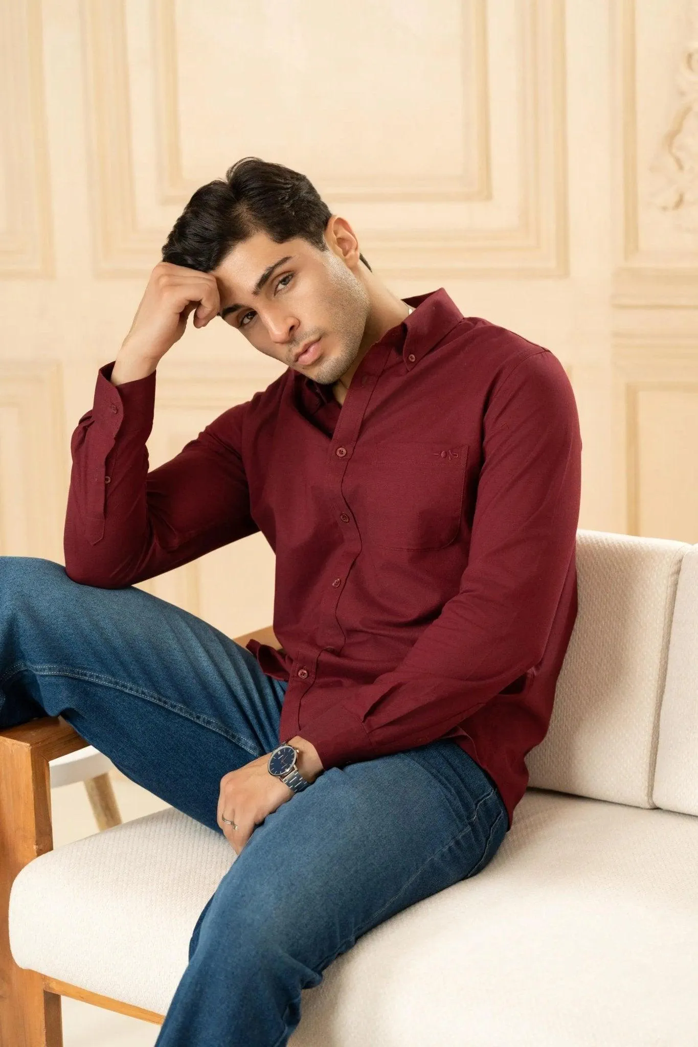 Minus One Men’s Maroon Oxford Organic Cotton Shirt – Regular Fit