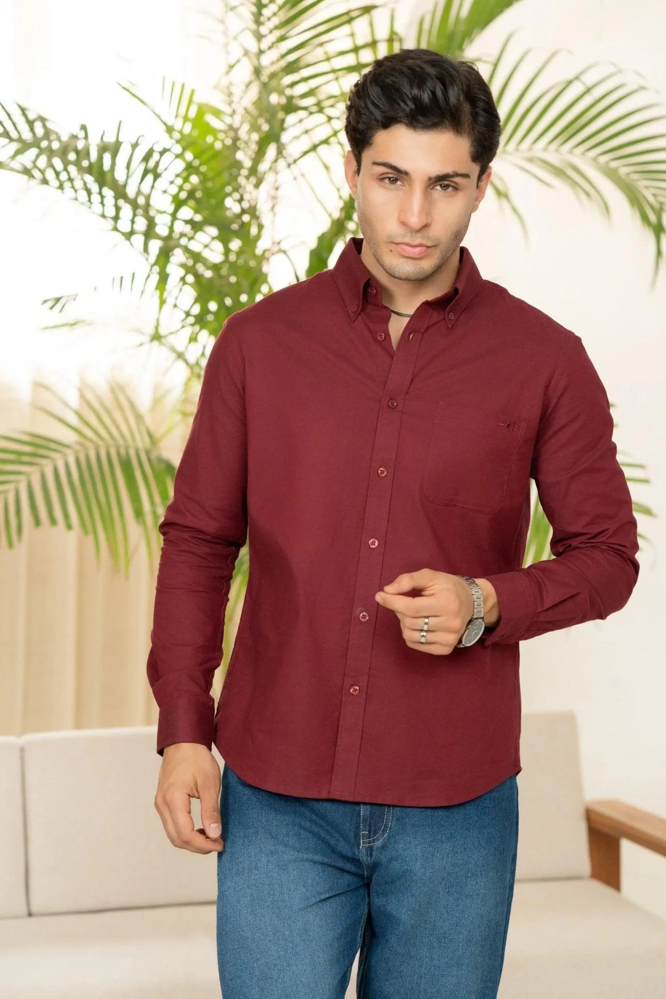 Minus One Men’s Maroon Oxford Organic Cotton Shirt – Regular Fit