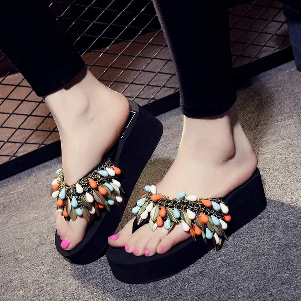 MIOKE Women's Boho Fringe Wedge Flipflops Summer Platform Comfort Nonslip Metallic Beach Thong Sandals