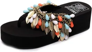 MIOKE Women's Boho Fringe Wedge Flipflops Summer Platform Comfort Nonslip Metallic Beach Thong Sandals