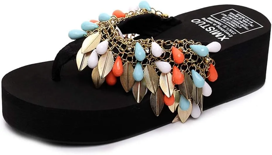 MIOKE Women's Boho Fringe Wedge Flipflops Summer Platform Comfort Nonslip Metallic Beach Thong Sandals