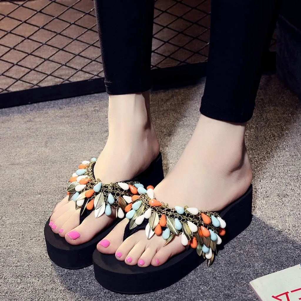 MIOKE Women's Boho Fringe Wedge Flipflops Summer Platform Comfort Nonslip Metallic Beach Thong Sandals